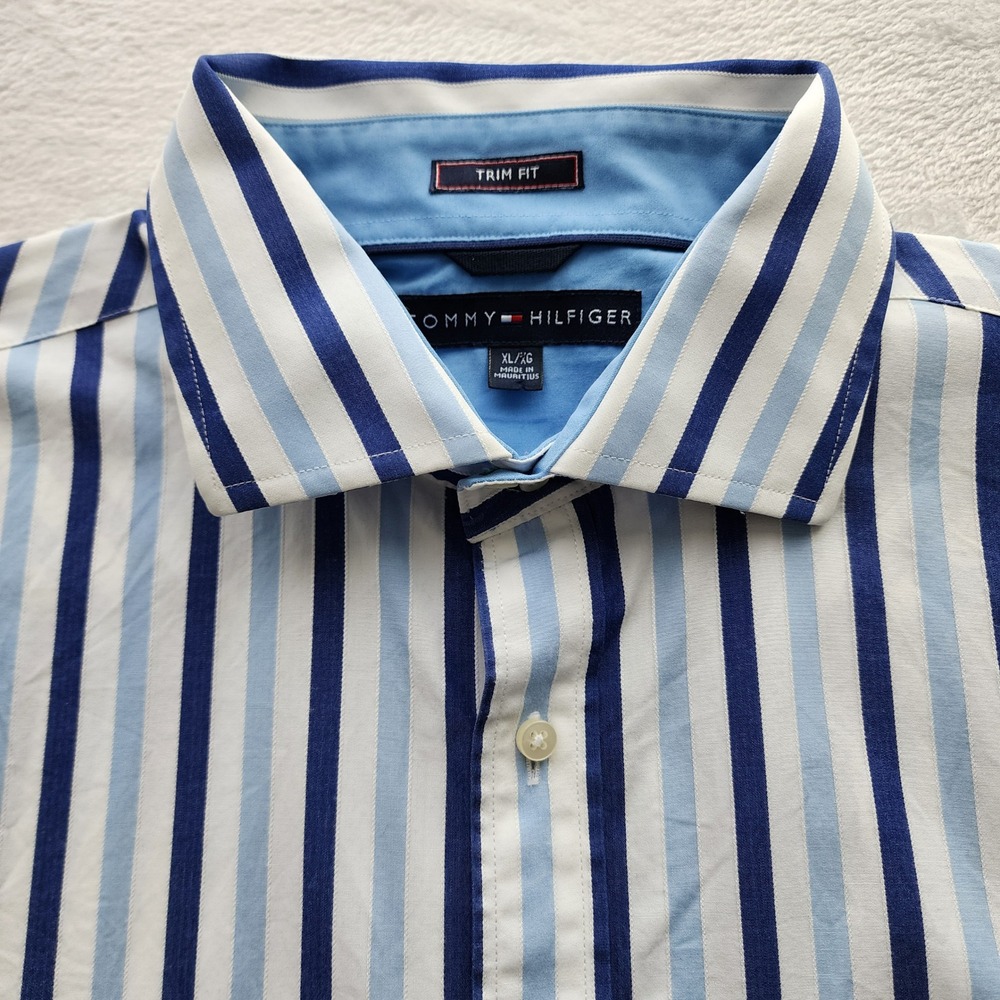 Tommy Hilfiger Button Up Shirt Mens XL Blue White Striped Trim Fit Formal Event - Picture 2 of 12